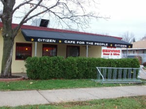 Citizen Cafe used Acme Awning for their canvas patio canopy with graphics and custom posts