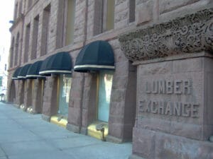 Circle awnings on historical building in Minneapolis