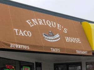 Twin Cities' taco eatery chose Acme Awning for their traditional style awning with graphics and a loose valance.
