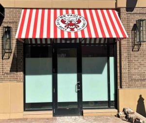Red White Striped Awning with Logo
